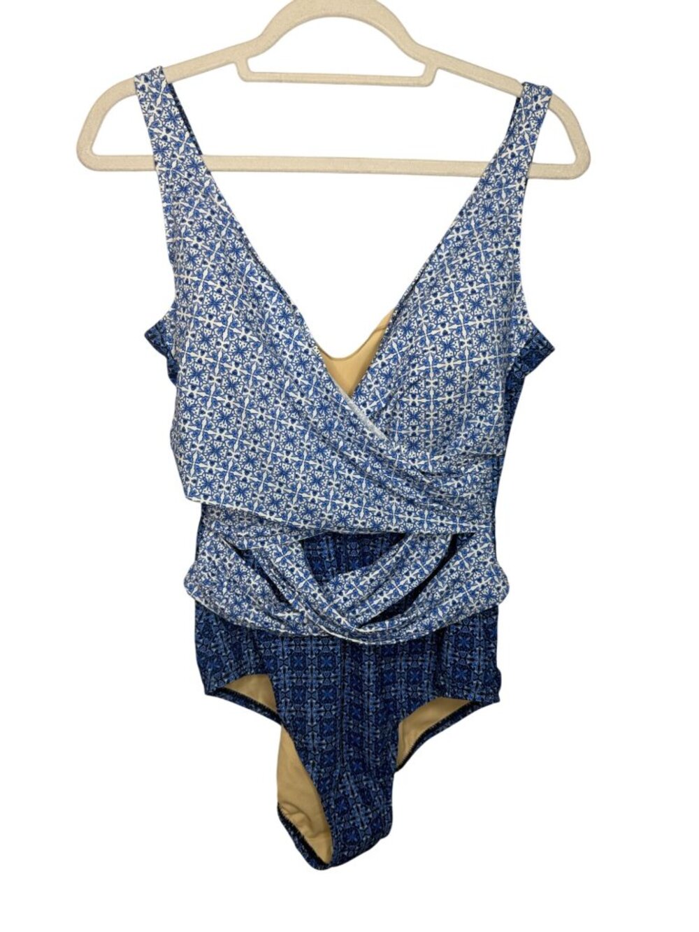 Lands End Size 16 Blue White Print Wrap Front One Piece Swimsuit